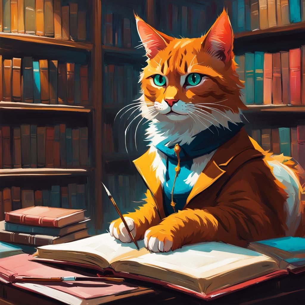 Mythical Cat Contemplating in Library as Gouache Painting