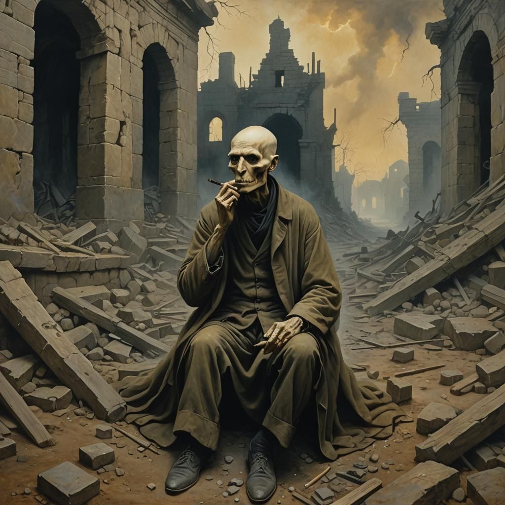 Haunting Ruins: A Surrealist Vision in Oil