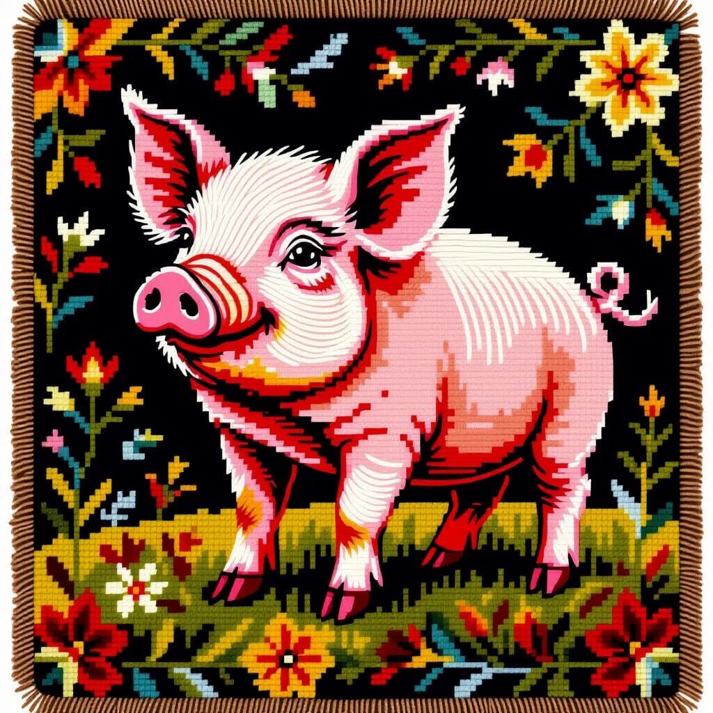 Artisanal Needlepoint Tapestry of a Charming Pig