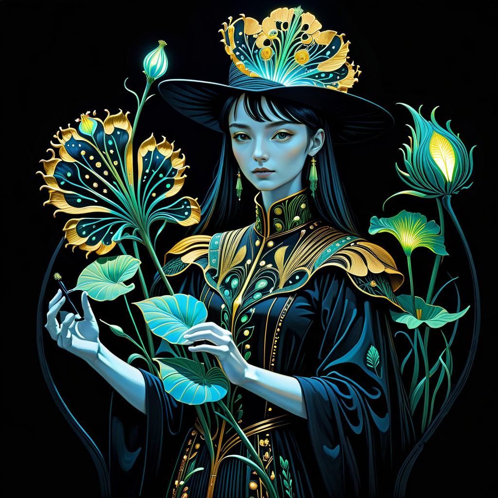 Bioluminescent Flora: Hyperreal Linocut Art Nouveau