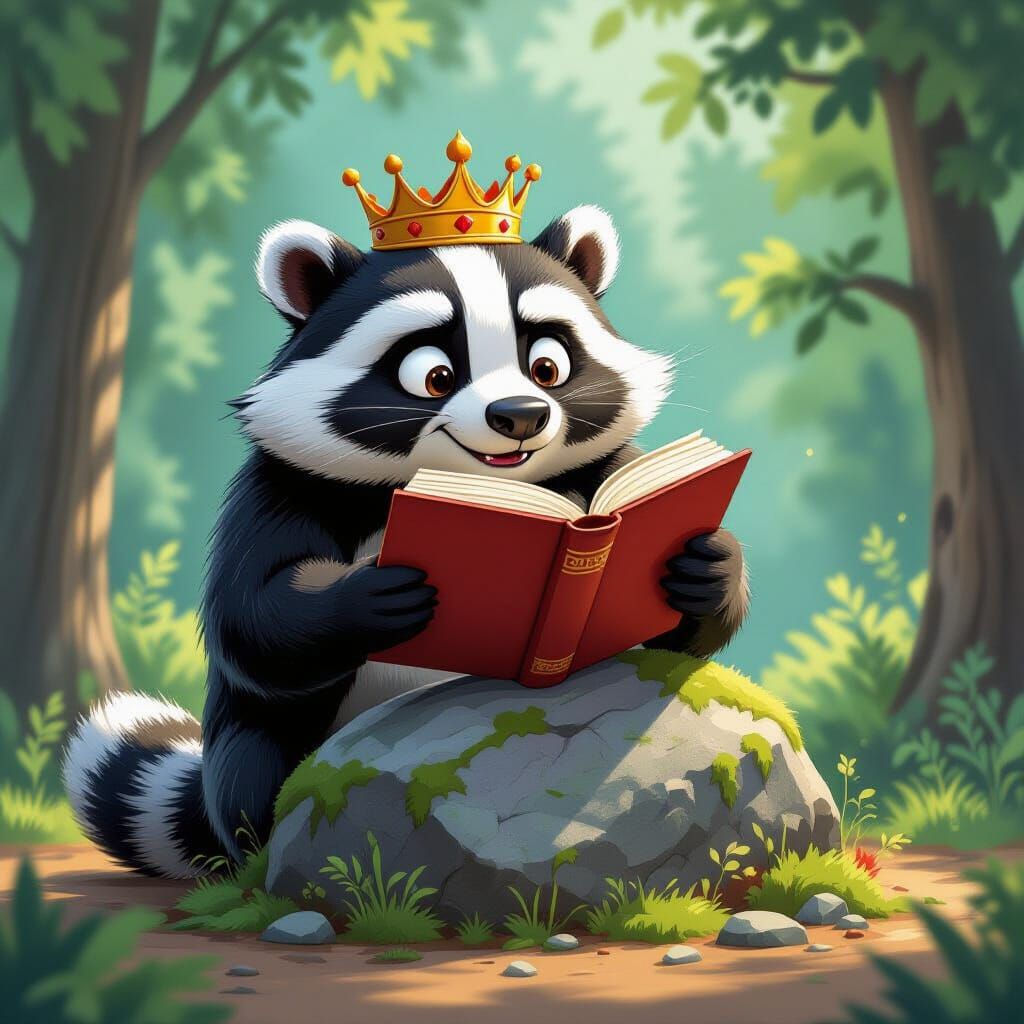Giant Badger King Struggles With Tiny Crown and Giant Book