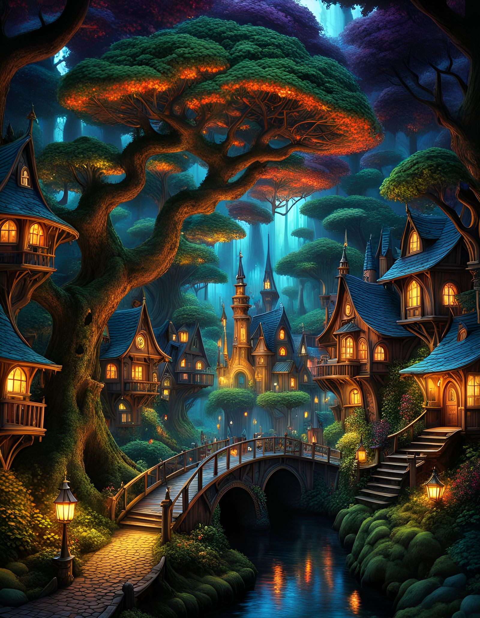 Magical Fairytale Village Optical Illusion in Dark Fantasy