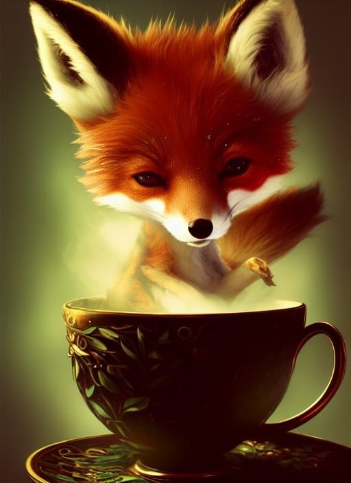 Adorable Chibi Fox in Teacup: Digital Art