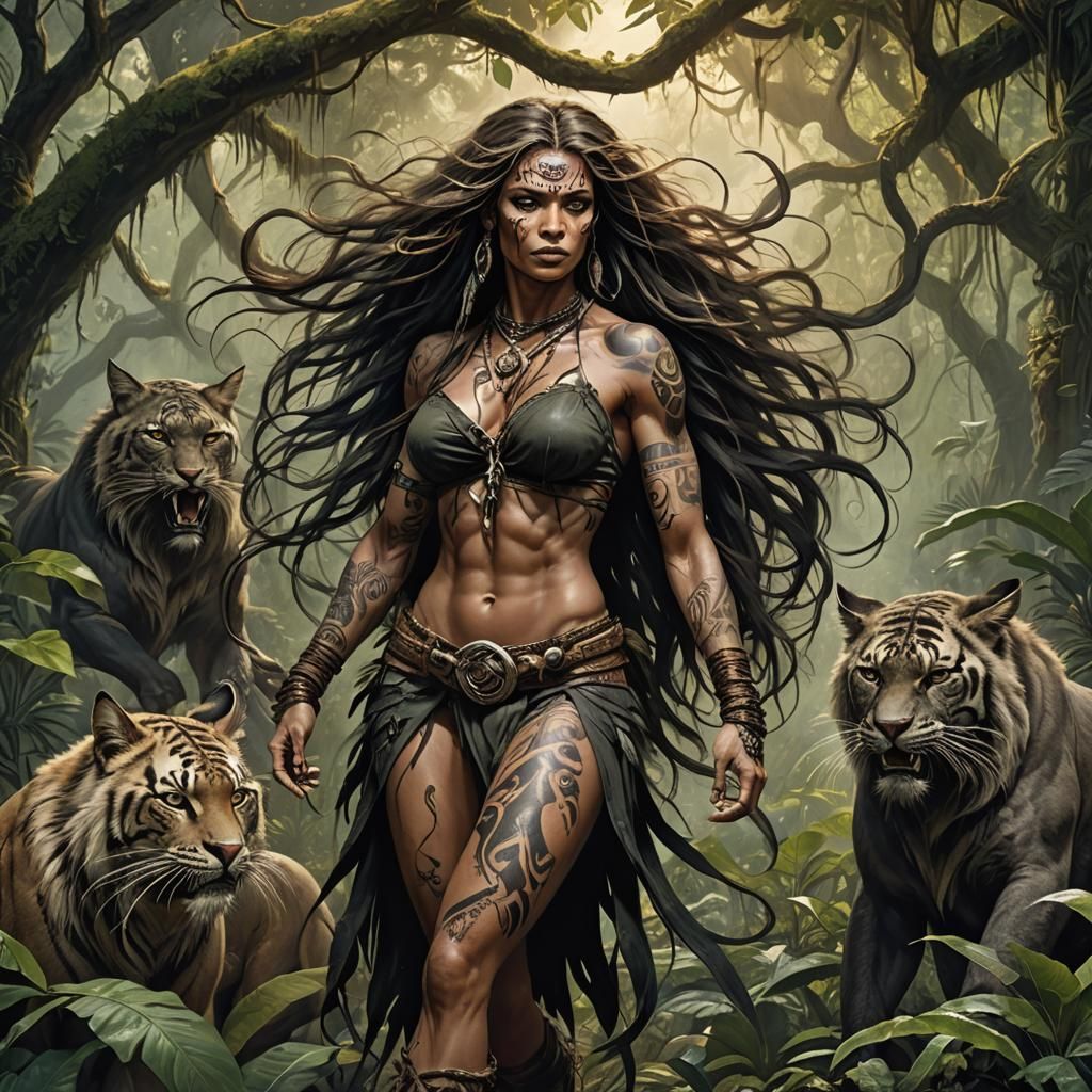 Jungle Woman with Wildcat in Dark Fantasy Style