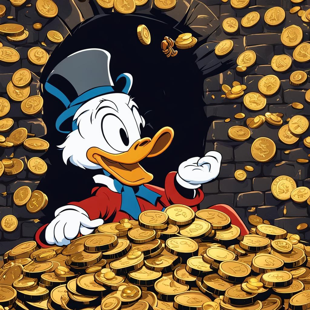 Scrooge mcduck sitting on his thrown atop gold coins and treasures in the vault