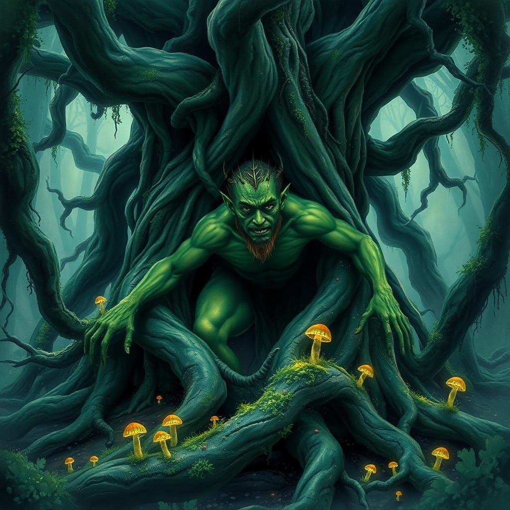 Mystical Green Man Emerges from Forest Roots