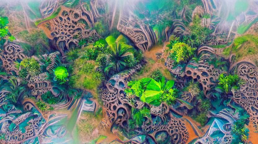Lush Tropical Vegetation in Psychedelic Art Style