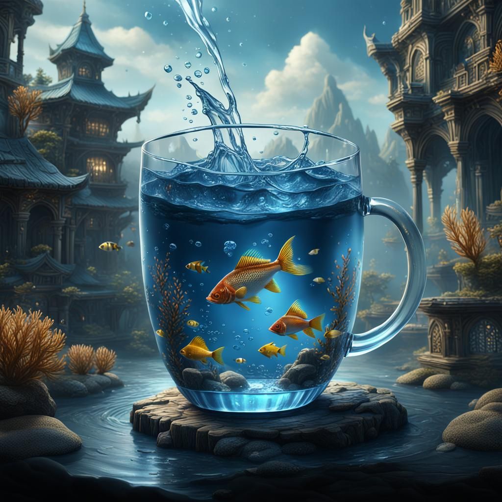 A cup of water with fish in it