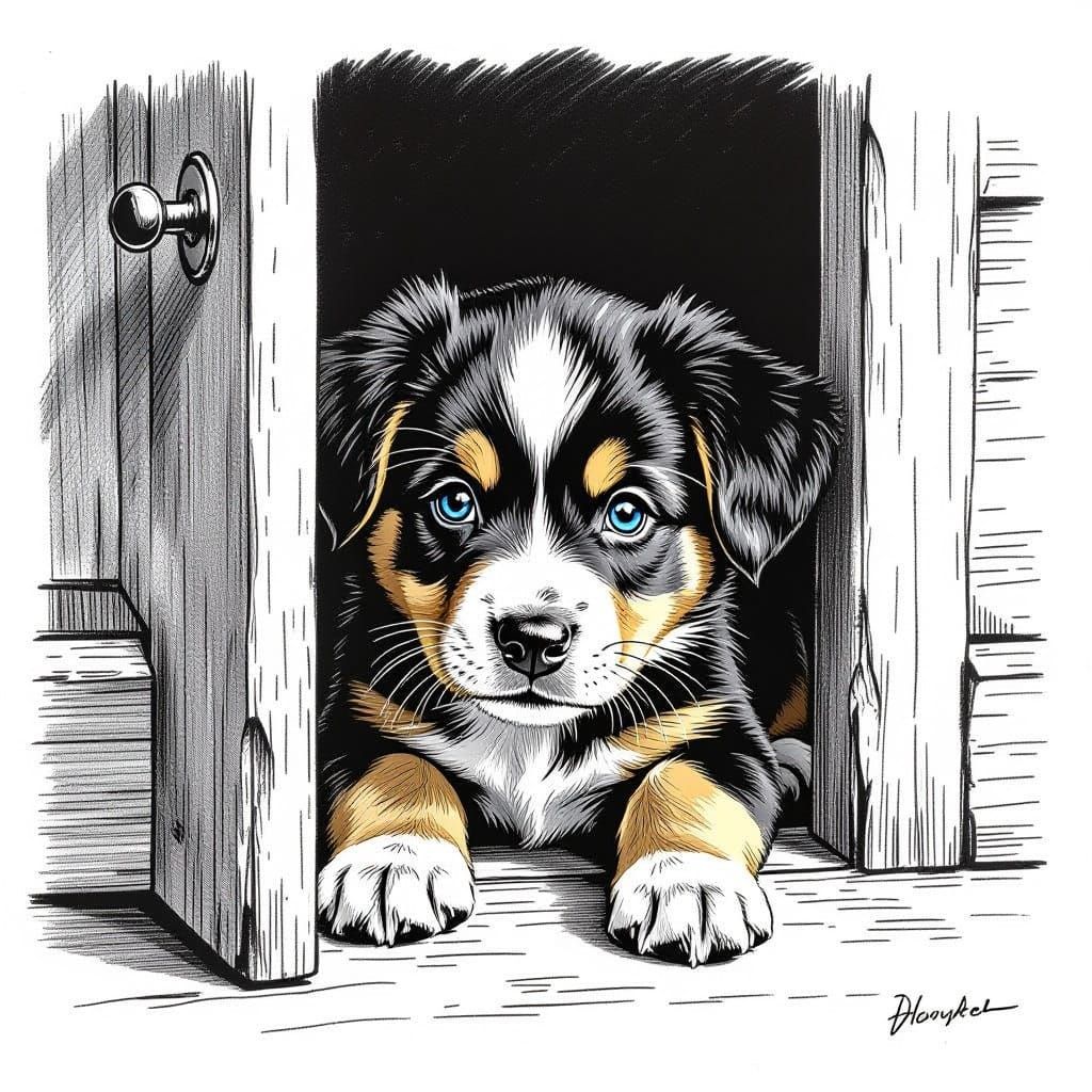 Timid Puppy Portrait in Pencil Hatching Style