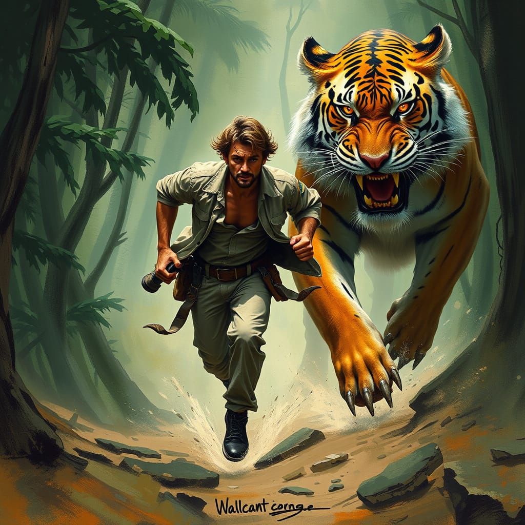 Fierce Tiger Chases Man Through Misty Forest