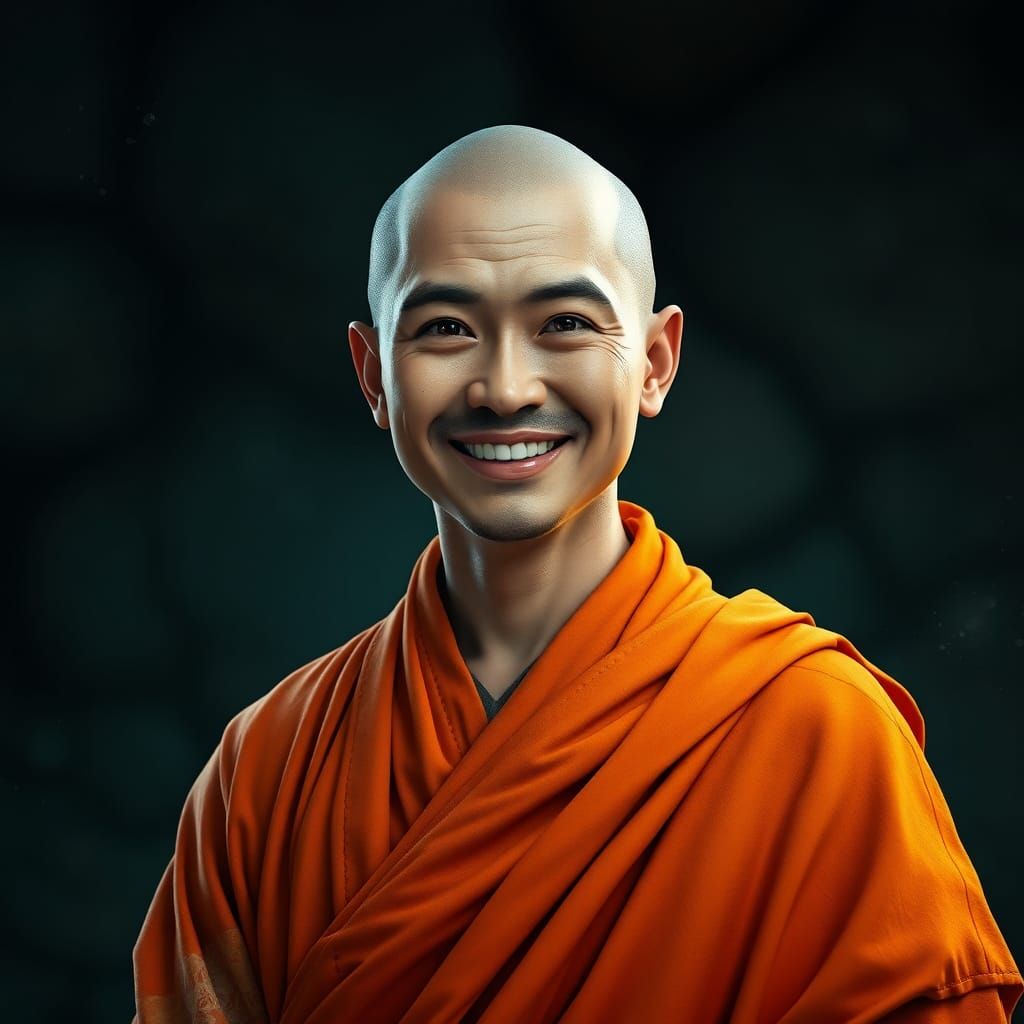 Smiling Buddhist Monk in Orange Robe