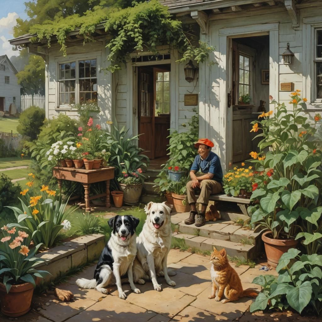 Quaint American Country House Scene as Oil Painting