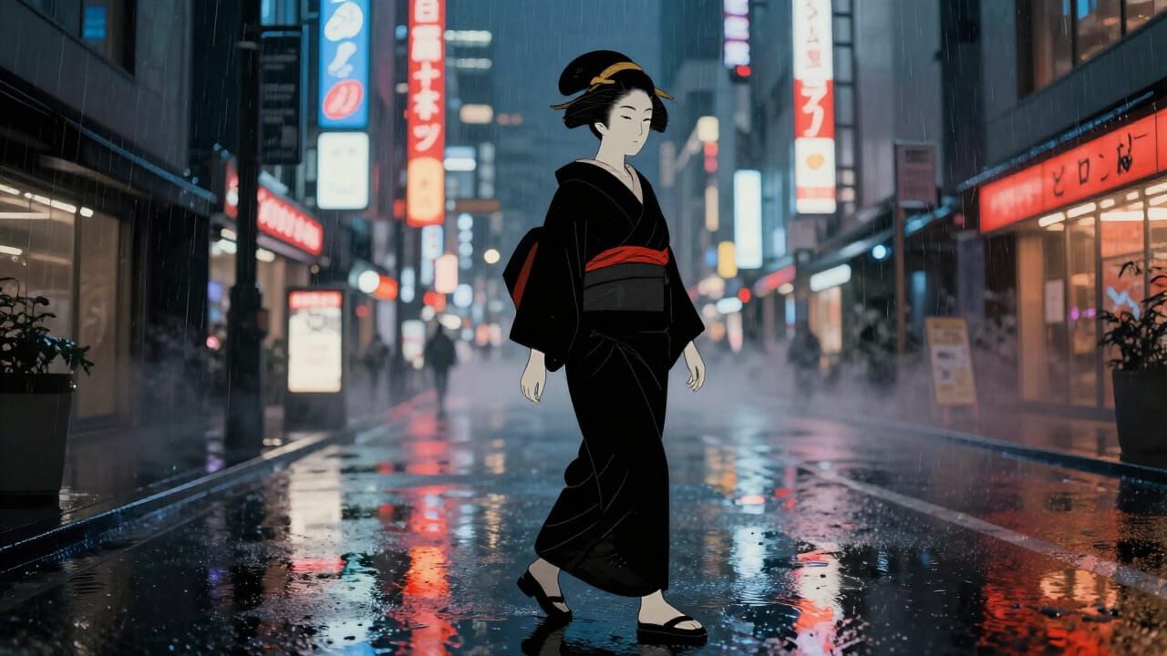 Geisha in Neon Tokyo: Ukiyo-e Meets 3D Realism