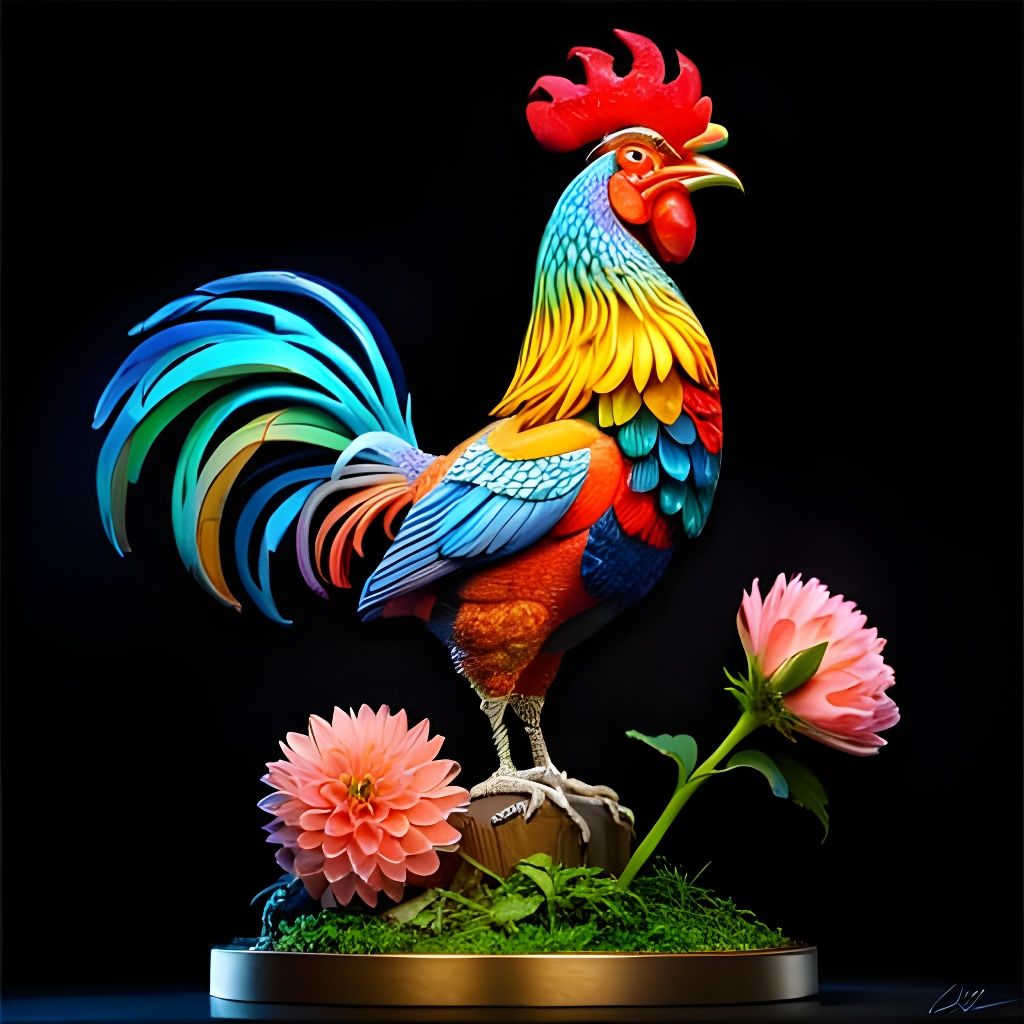 Ornate Gemstone Rooster Statuette on Red Velvet Altar
