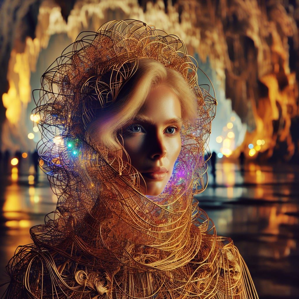 Golden Wire Dress Portrait in a Cave
