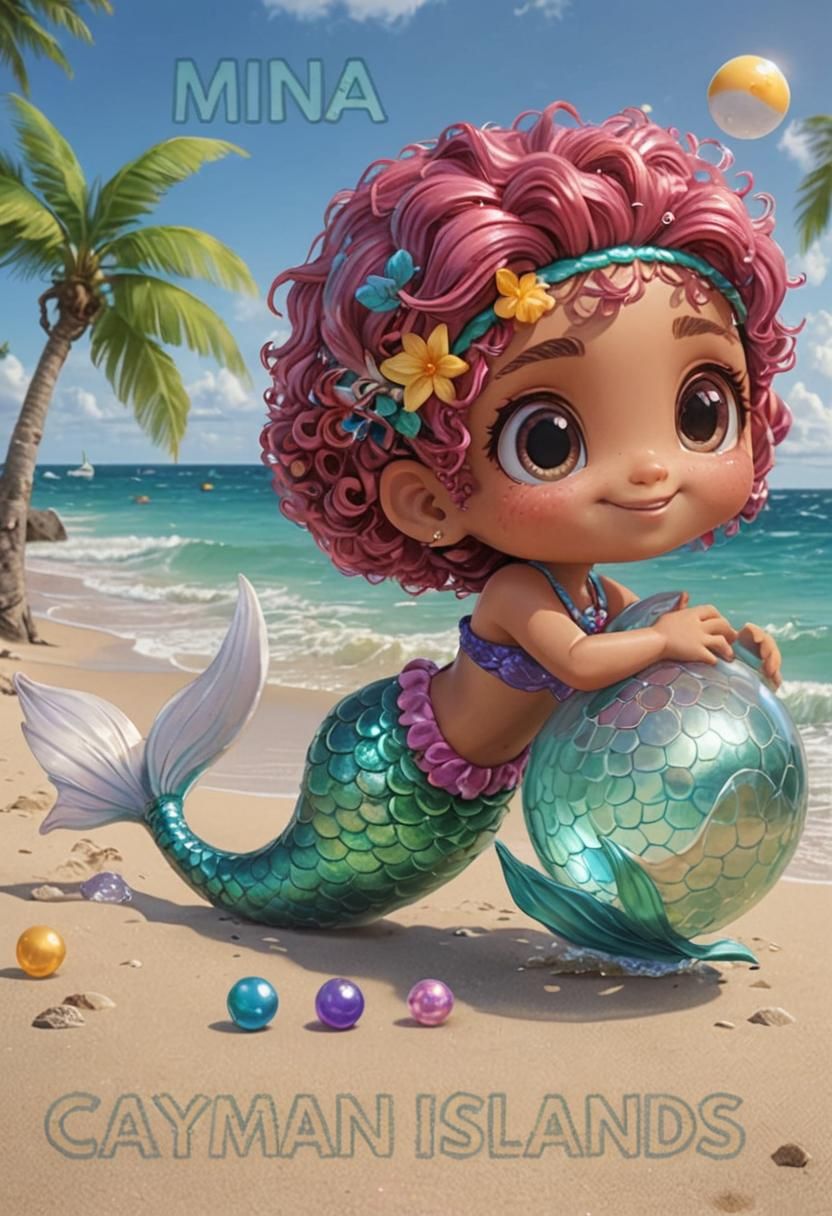 Mermaid Playing on Beach in Vibrant Anime Style