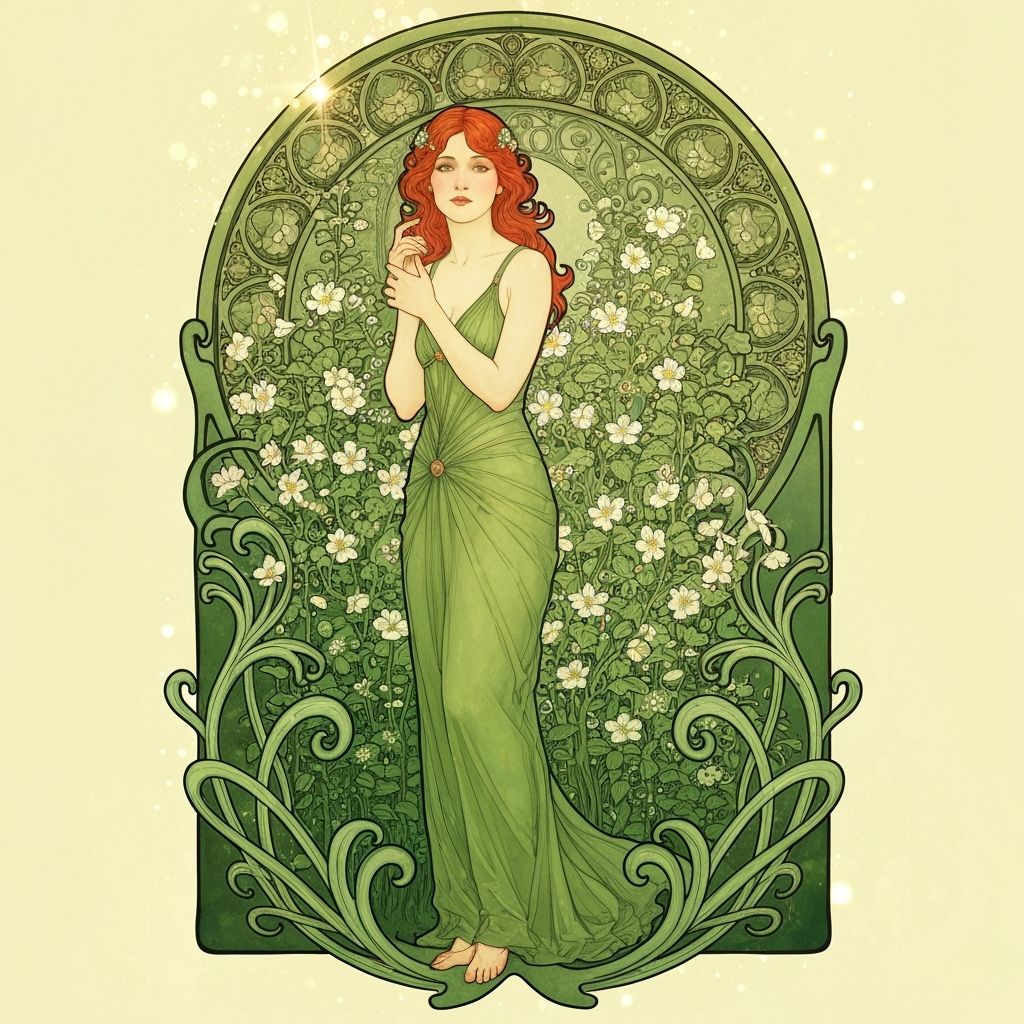 Art Nouveau Portrait of Red-Haired Woman in Garden