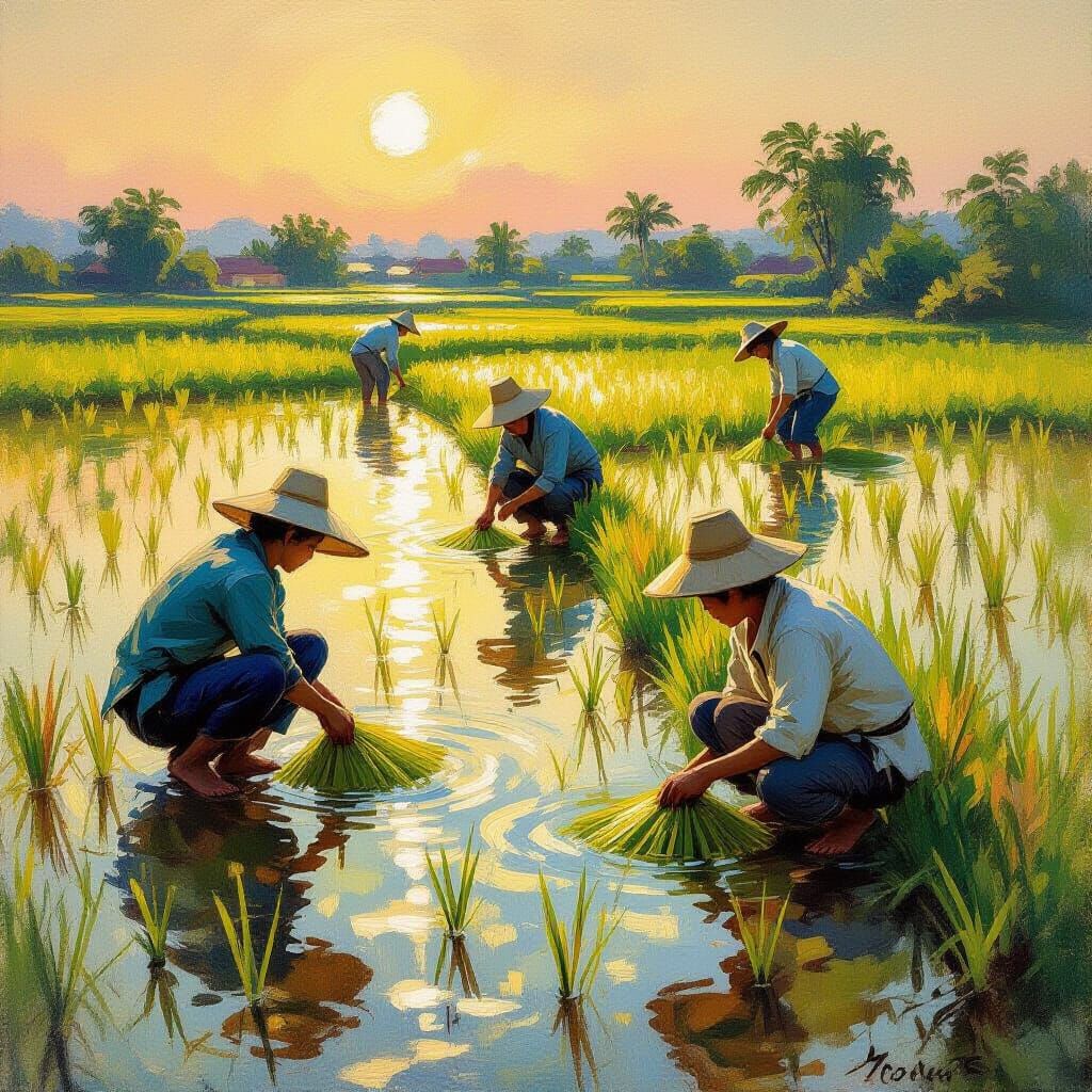 Monet-Style Impressionist Painting of Sun-Drenched Rice Padd...