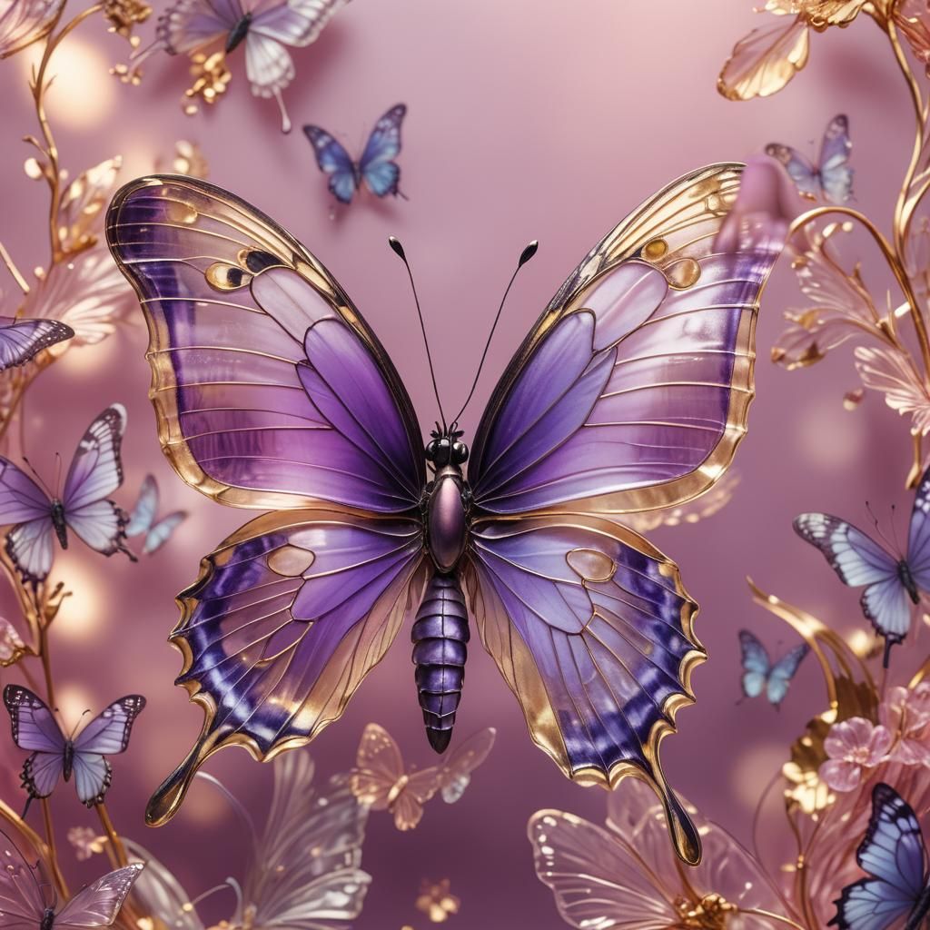 Glass Butterfly with Golden Tips in Art Nouveau Style
