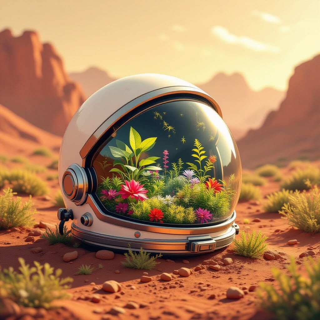 Lush Martian Garden in Astronaut Helmet, Anime Art