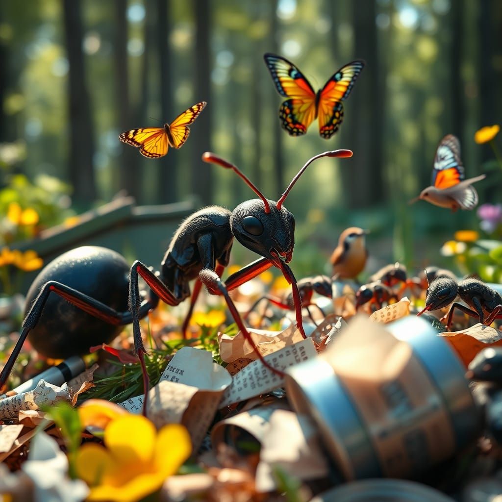 Hyperrealistic Ants Cleaning Litter in Lush Forest