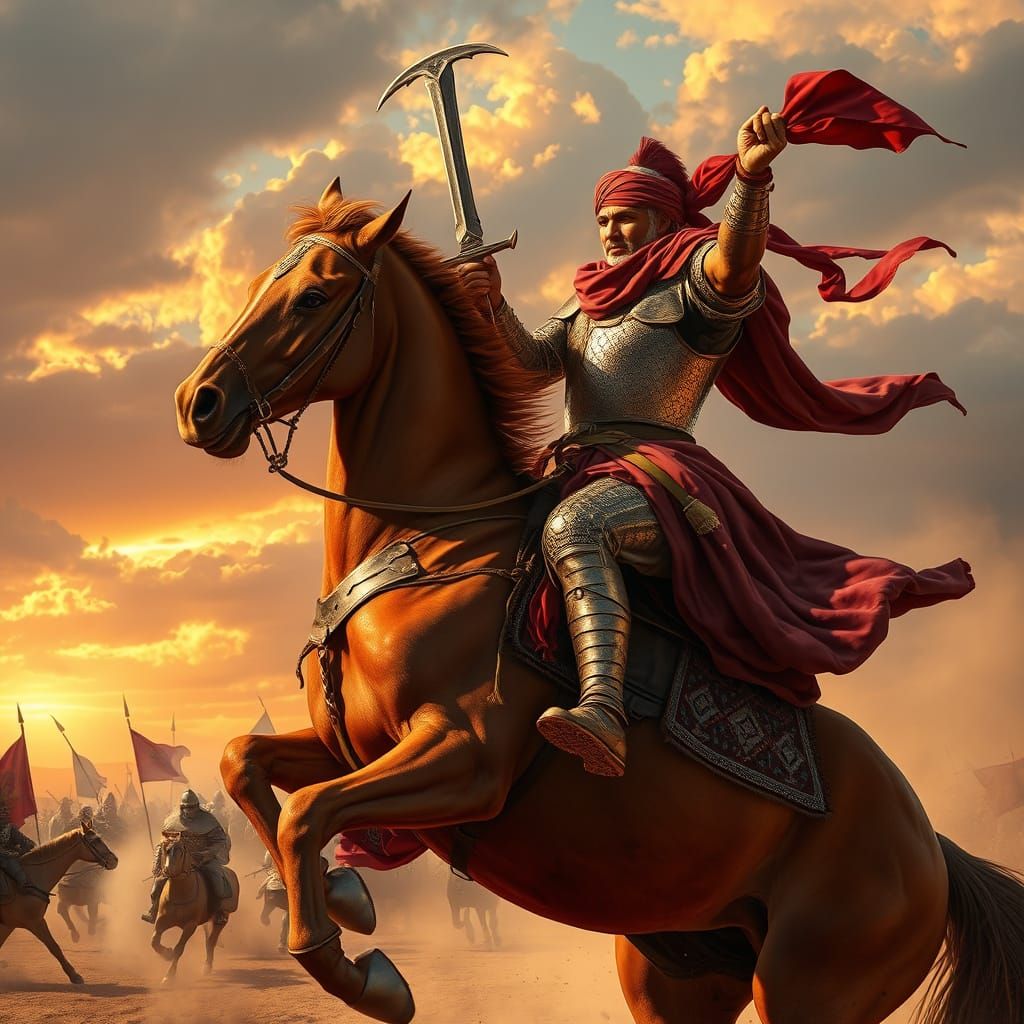 Medieval Berber Warrior Leading Charge Against Crusaders