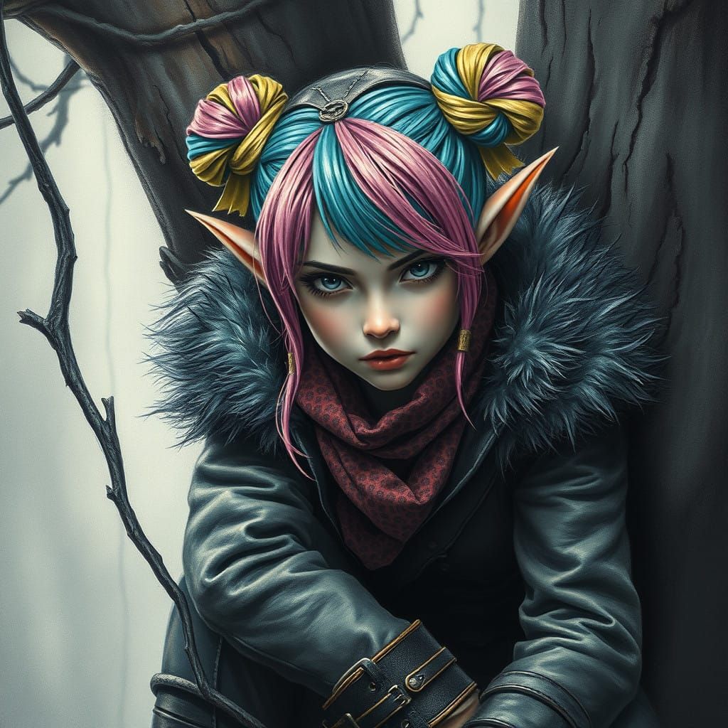 Medieval Elf Thief in Gnarled Tree, in Charcoal Drawing Styl...