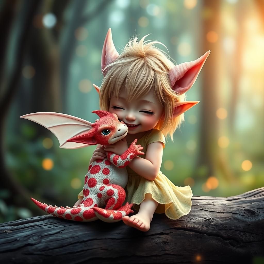 Elven Fairy Girl with Baby Dragon in Forest