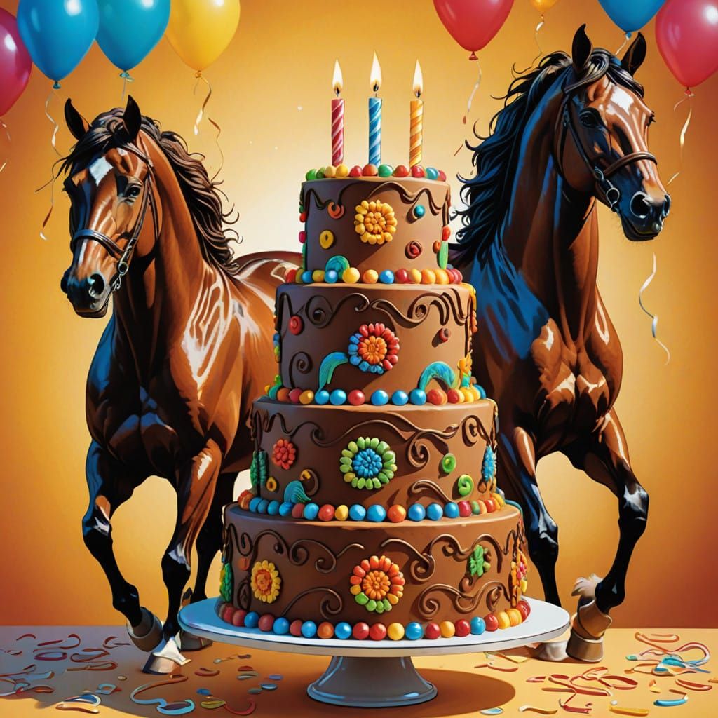 Vibrant Birthday Cake with Thoroughbred Horse Decorations in...