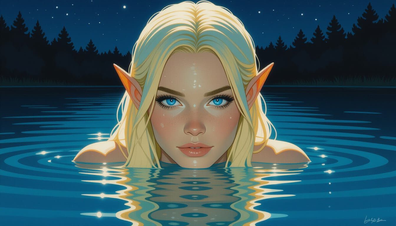 Photorealistic Elf Woman Swimming in Moonlit Lake