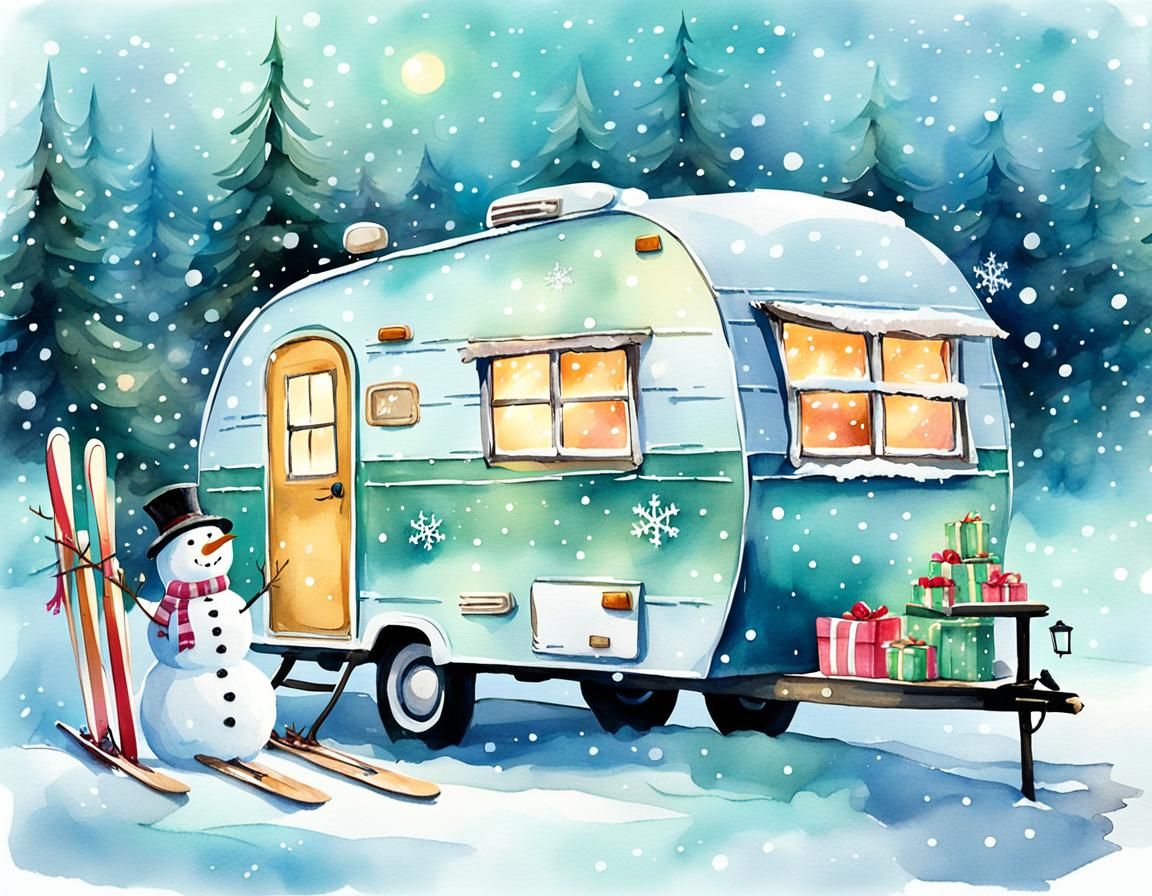 Christmas Camping Trailer in Watercolor Winter Wonderland