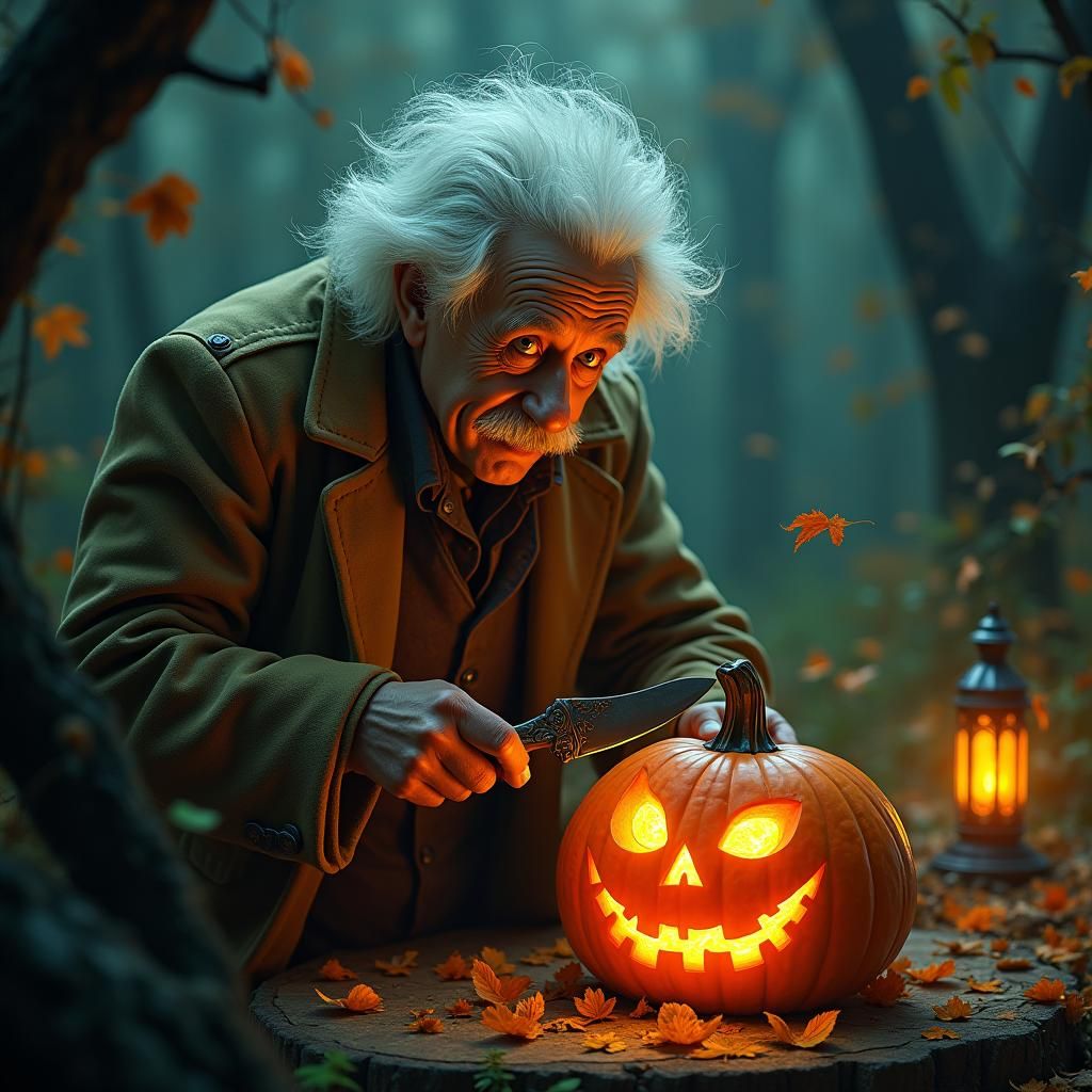 Einstein Carving Pumpkin in Mystical Forest, Fantasy Art