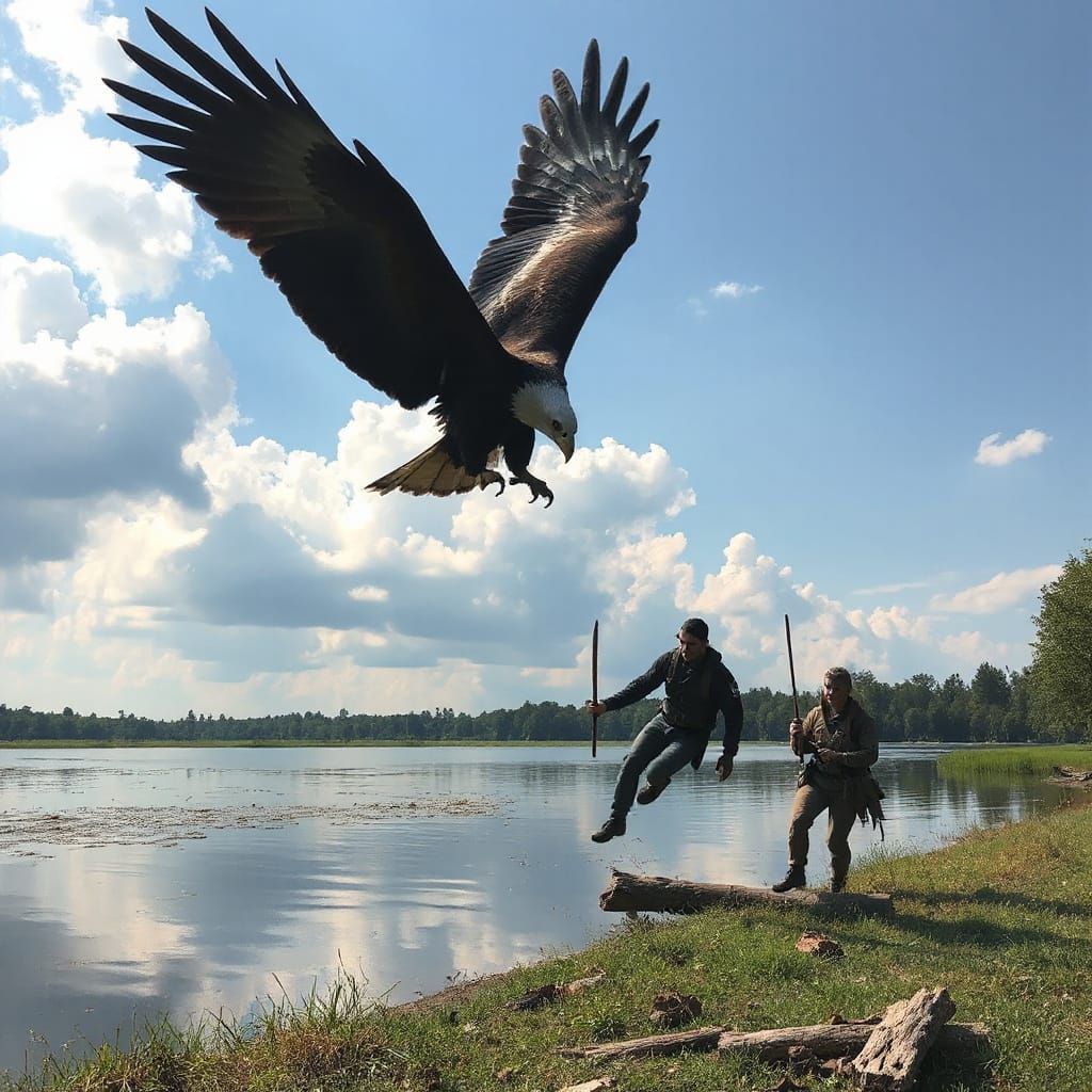 Cowards Fleeing Giant Black Eagle by River