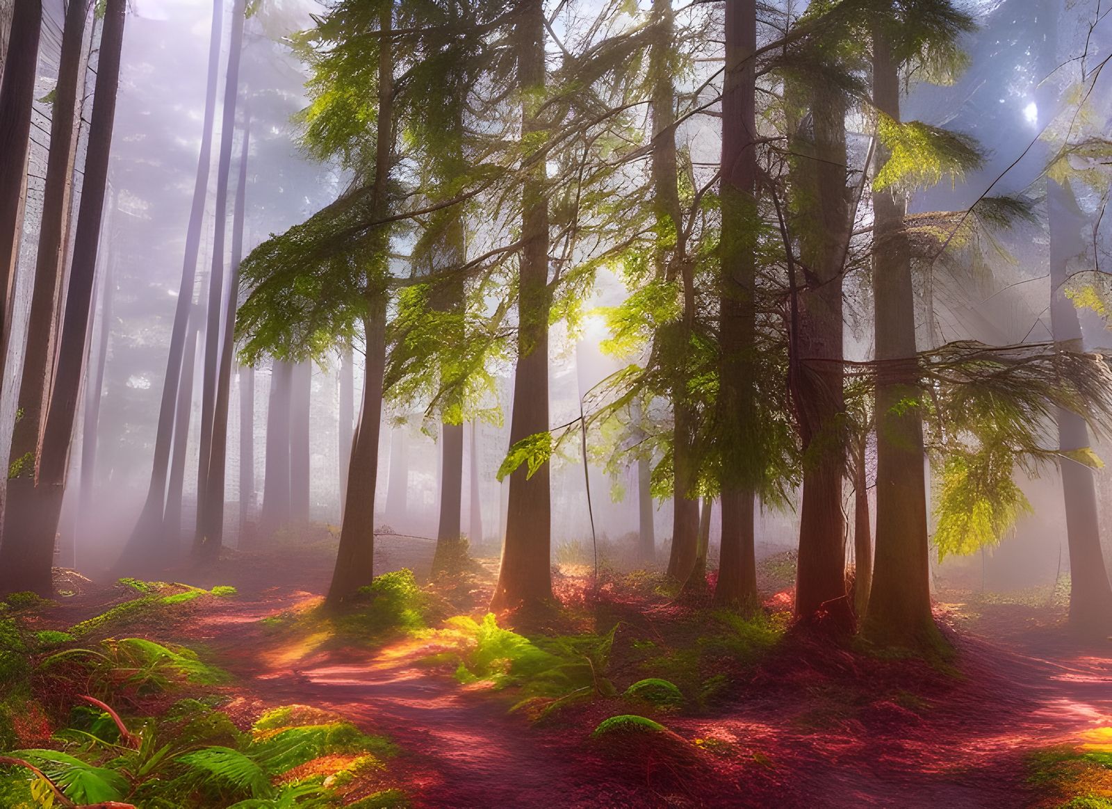 Sunlit Forest Path with Colorful Mushrooms