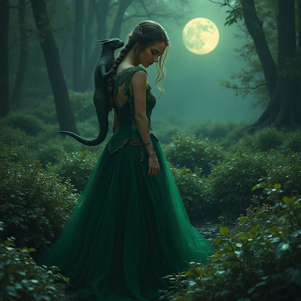 Sorceress Exploring Midnight Forest Labyrinth