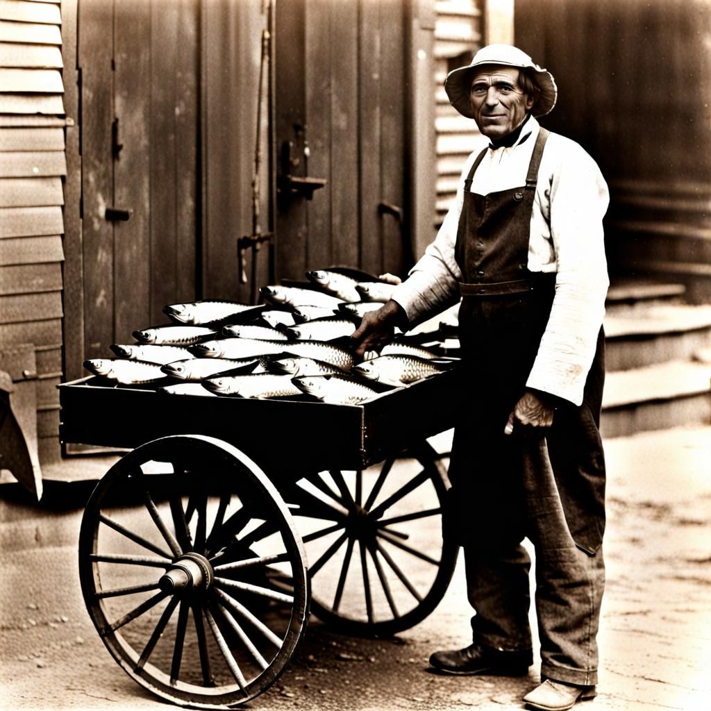Vintage Photo of Fishmonger Selling Fish From Cart