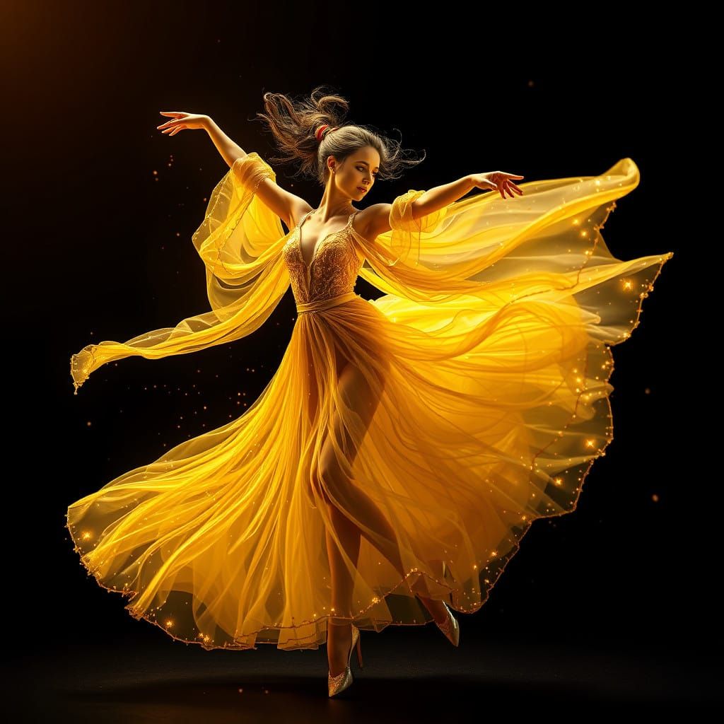 Golden Dancer in Elegant Diaphanous Gown