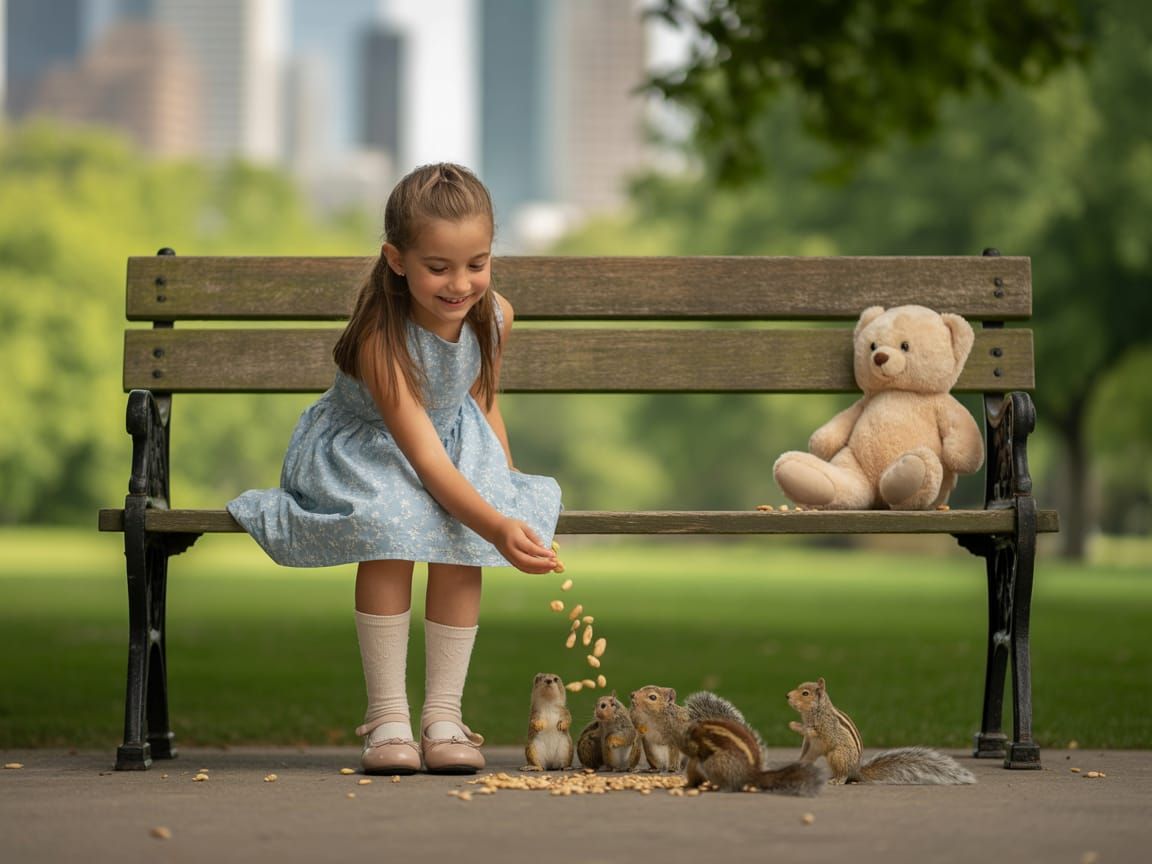 Girl Feeding Squirrels in Park with Teddy Bear