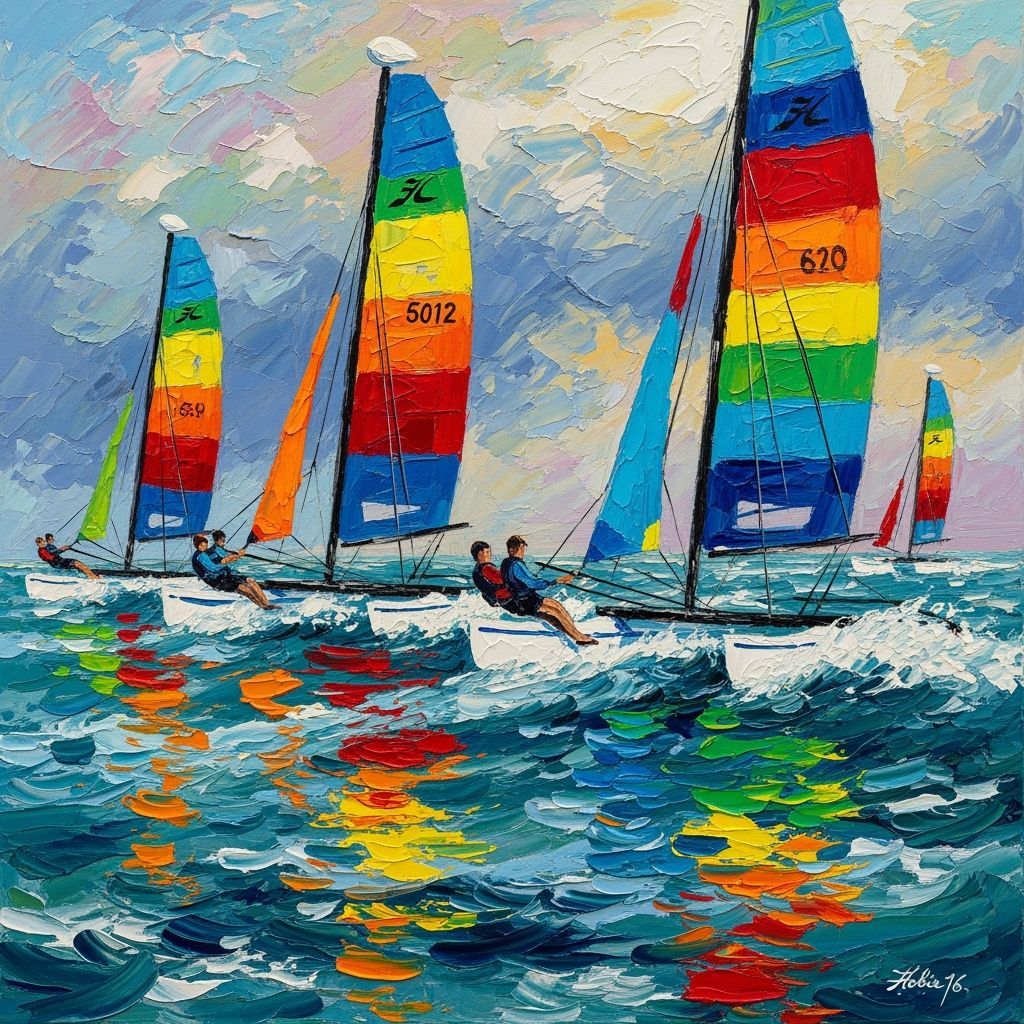 Impressionistic Painting of Catamaran Regatta with Vivid Col...