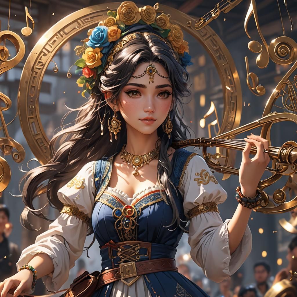 Gypsy Girl with Musical Hair in 3D Anime Style