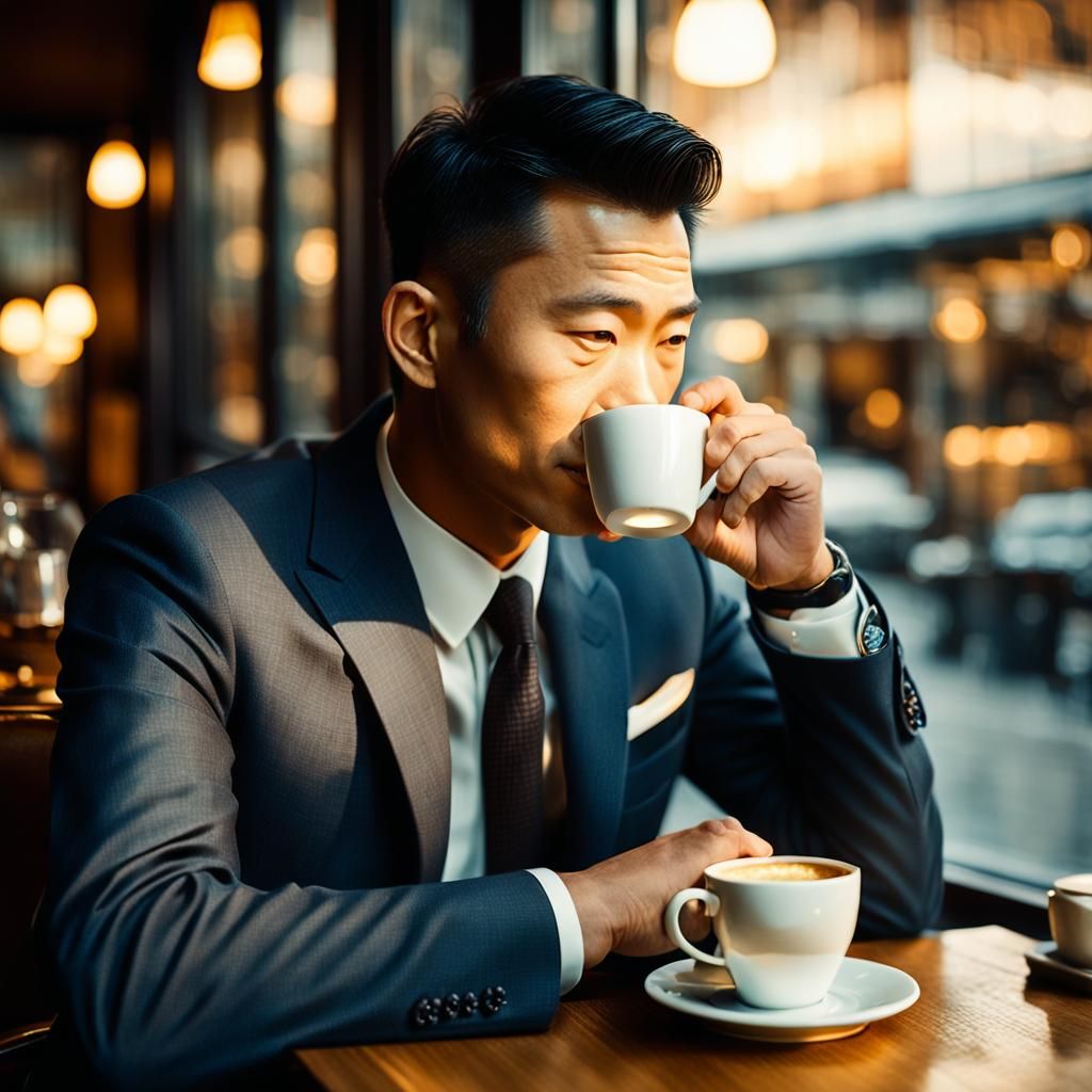Pensive Asian Man Drinking Coffee: Formal Portrait