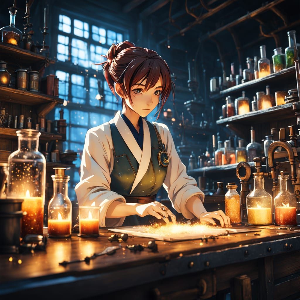 Mystical Anime Alchemist Girl in Enchanted Laboratory