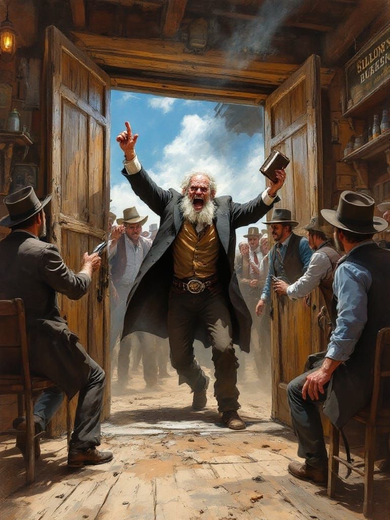 Angry Preacher Charges into a Wild West Saloon