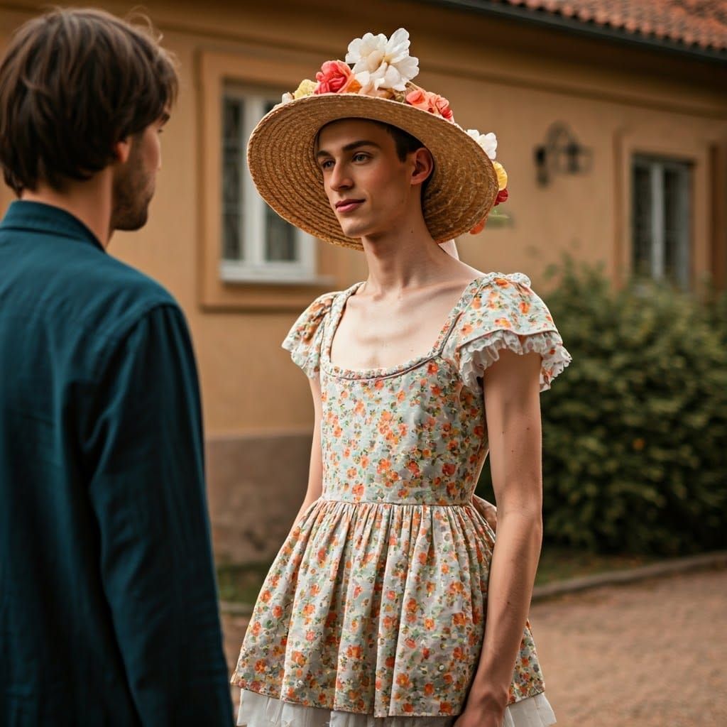 Elegant Young Man in Floral Dress Outside Charming House