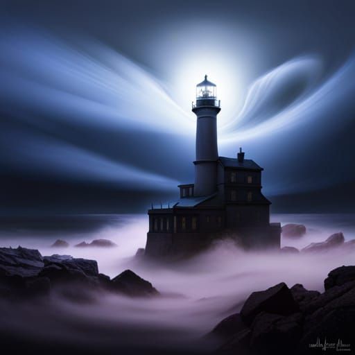 Ethereal Lighthouse in Fog with Magical Lights