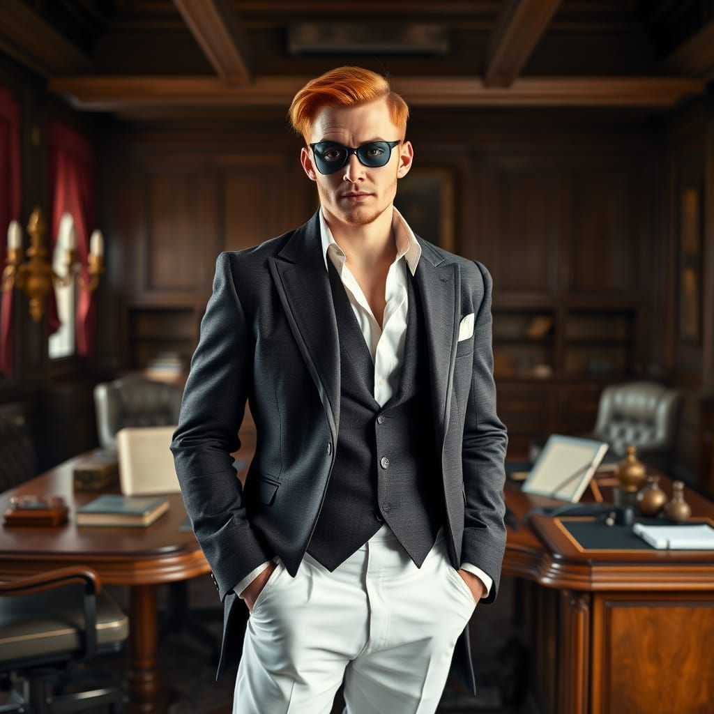 Man in Fitted Jacket and Eye Patch by Desk