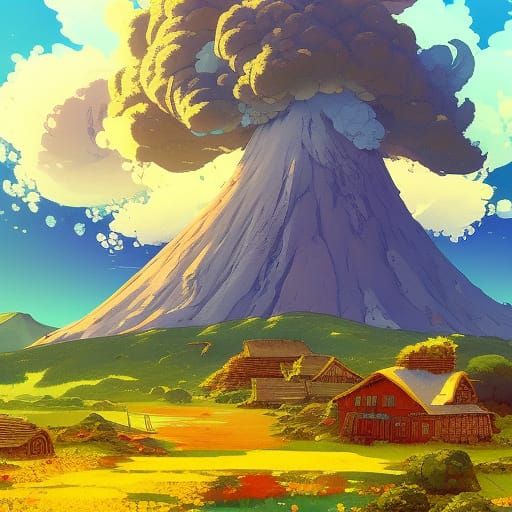 Erupting Volcano Over Colorful Rockies Village