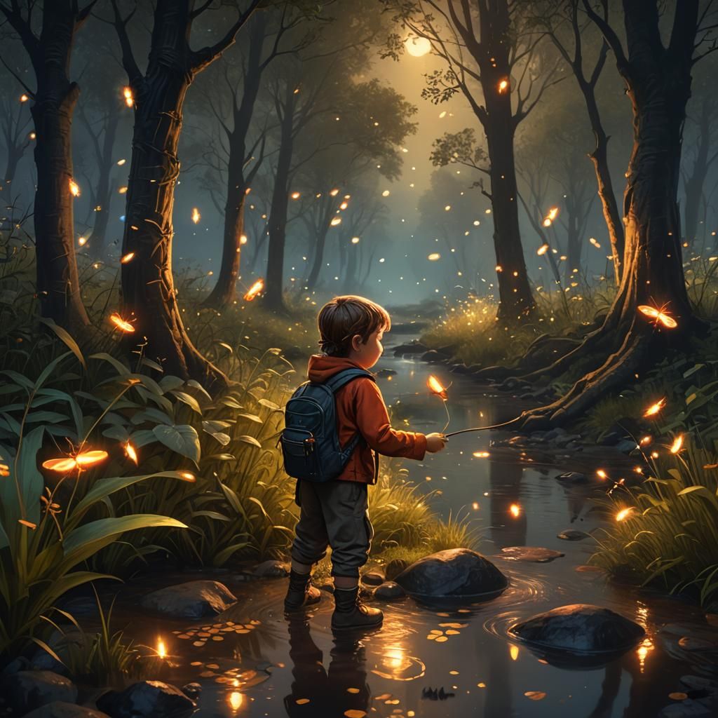 Toddler and Fireflies: Vivid Landscape in Fantasy Art Style