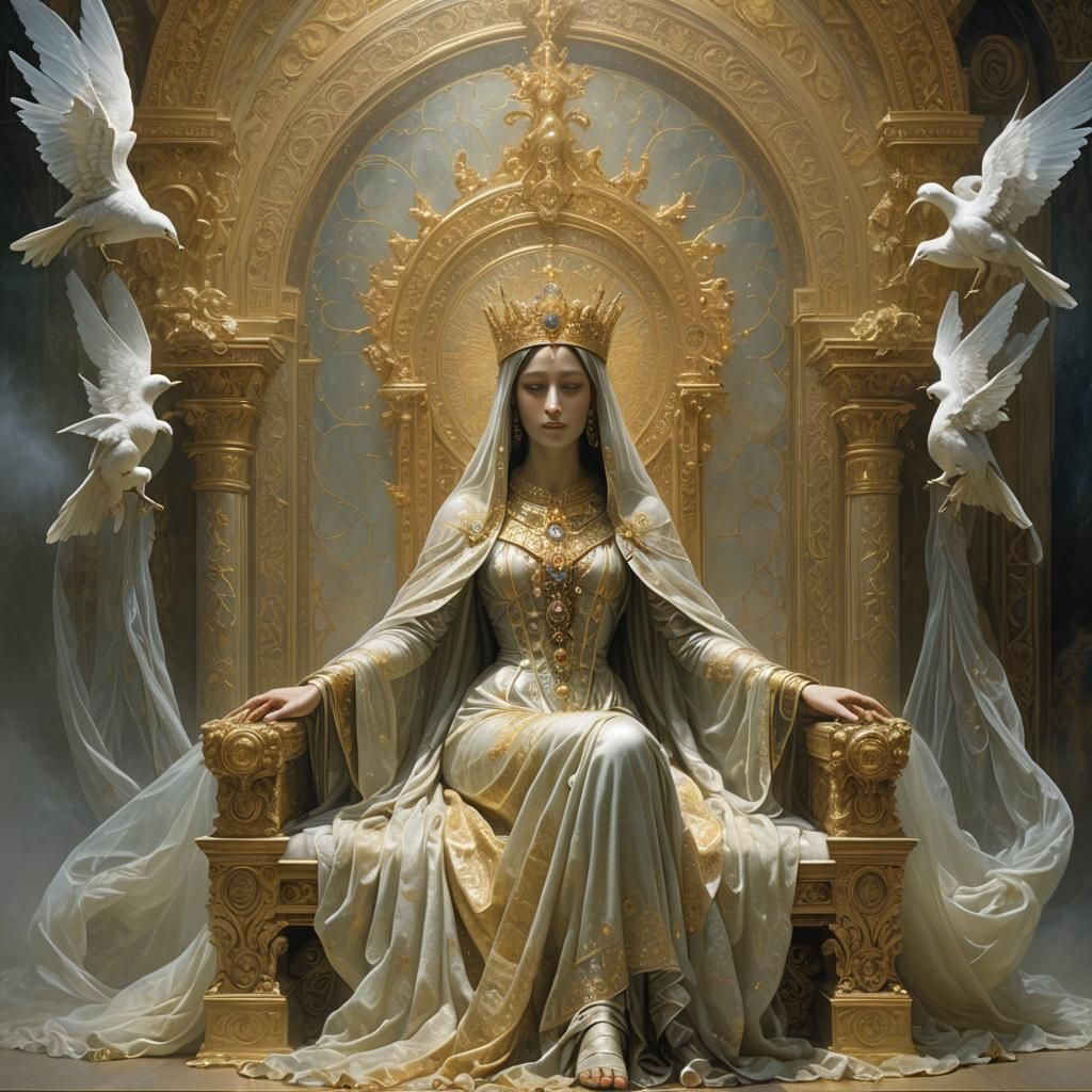 Ethereal Queen on Ornate Throne in Mystical Realm