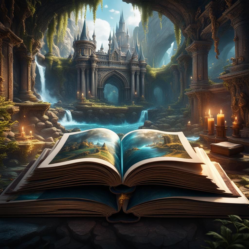 an open book with a beautiful fantasy adventure setting proj...